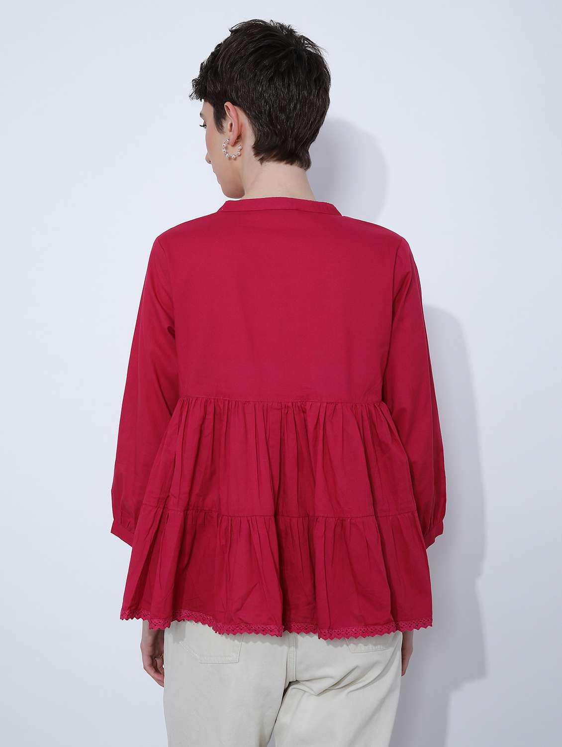 women solid three quarter sleeve tiered top - 21906652 -  Standard Image - 4