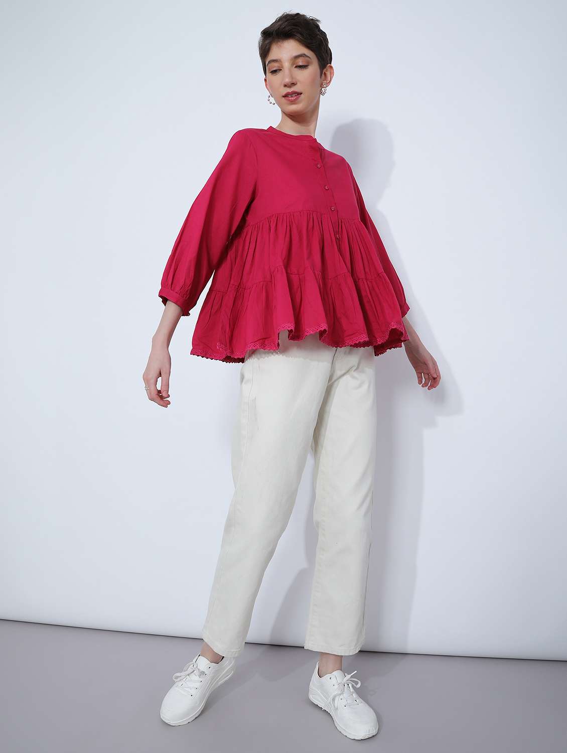 women solid three quarter sleeve tiered top - 21906652 -  Standard Image - 6