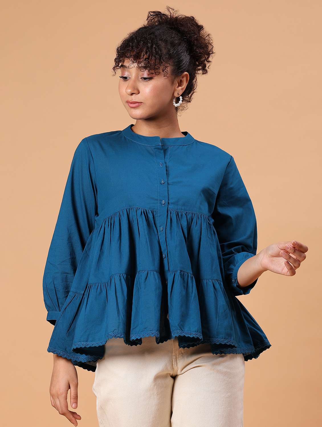 women solid three quarter sleeve tiered top - 21906653 -  Standard Image - 1