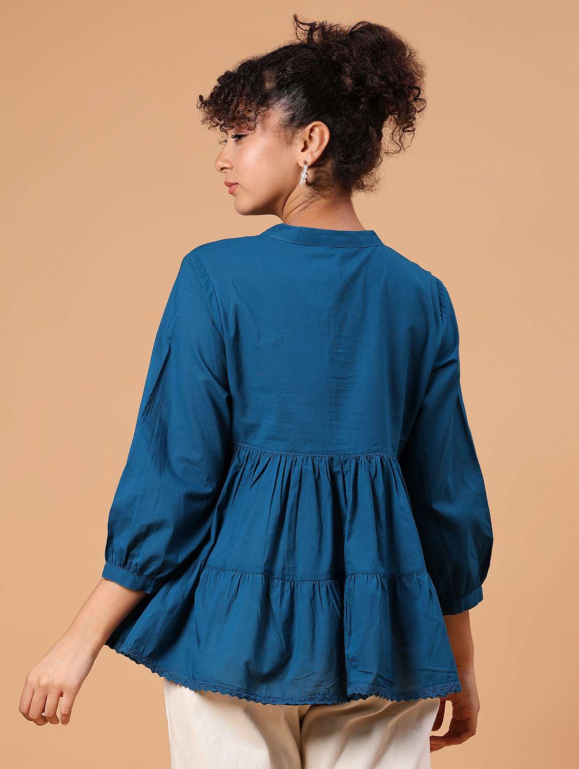 women solid three quarter sleeve tiered top - 21906653 -  Standard Image - 4