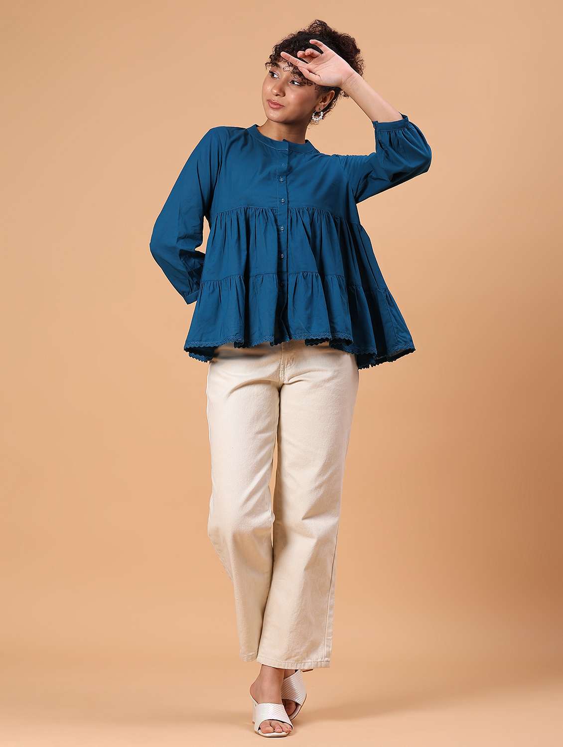 women solid three quarter sleeve tiered top - 21906653 -  Standard Image - 6