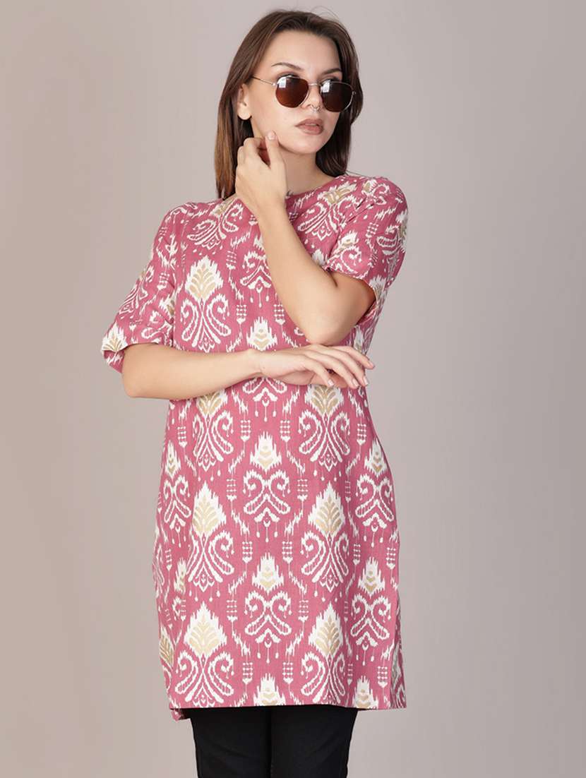 women ikat printed short sleeve a-line kurti