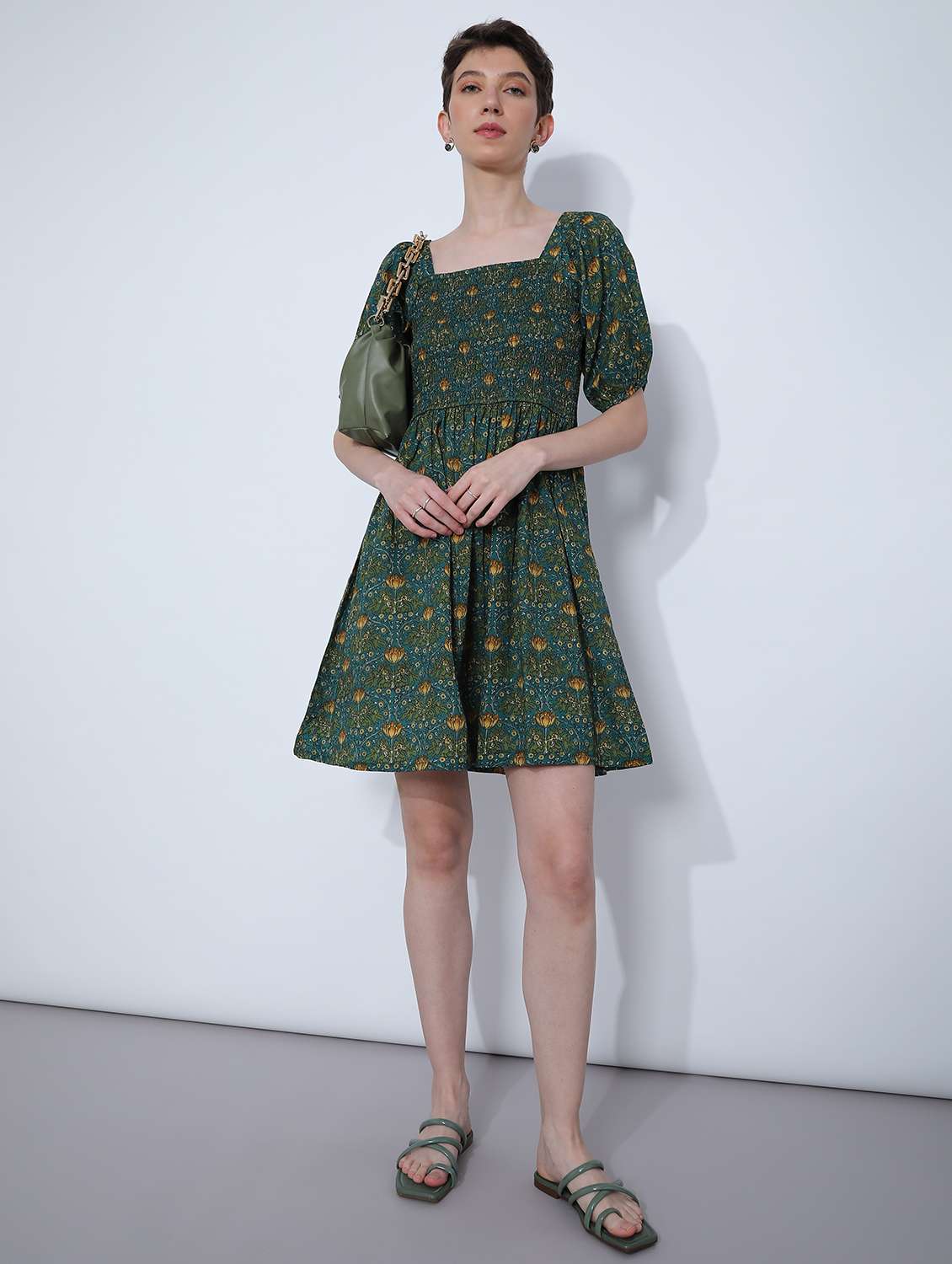 women floral puff sleeve fit & flare dress - 21906659 -  Standard Image - 1