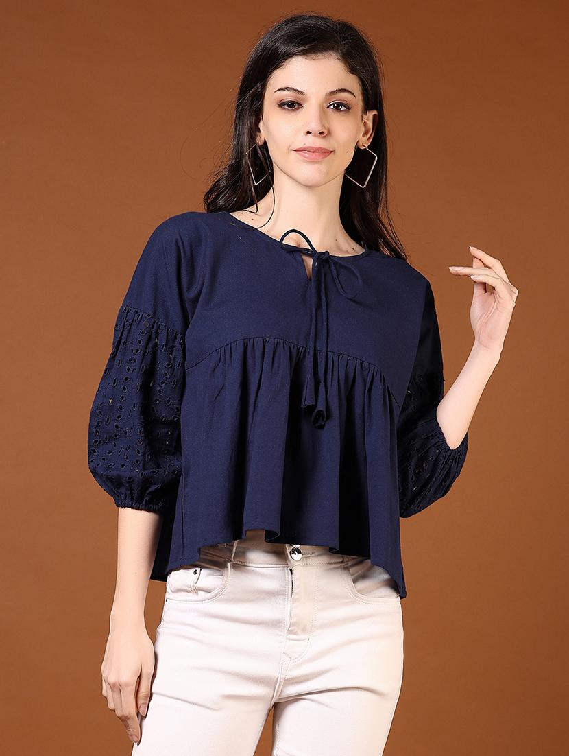 women solid puff sleeve tie-up neck flared top - 21906669 -  Standard Image - 1