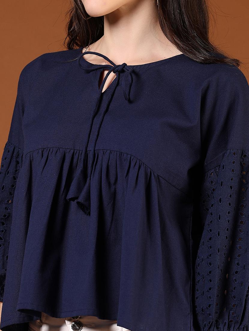 women solid puff sleeve tie-up neck flared top - 21906669 - Standard Image - 4