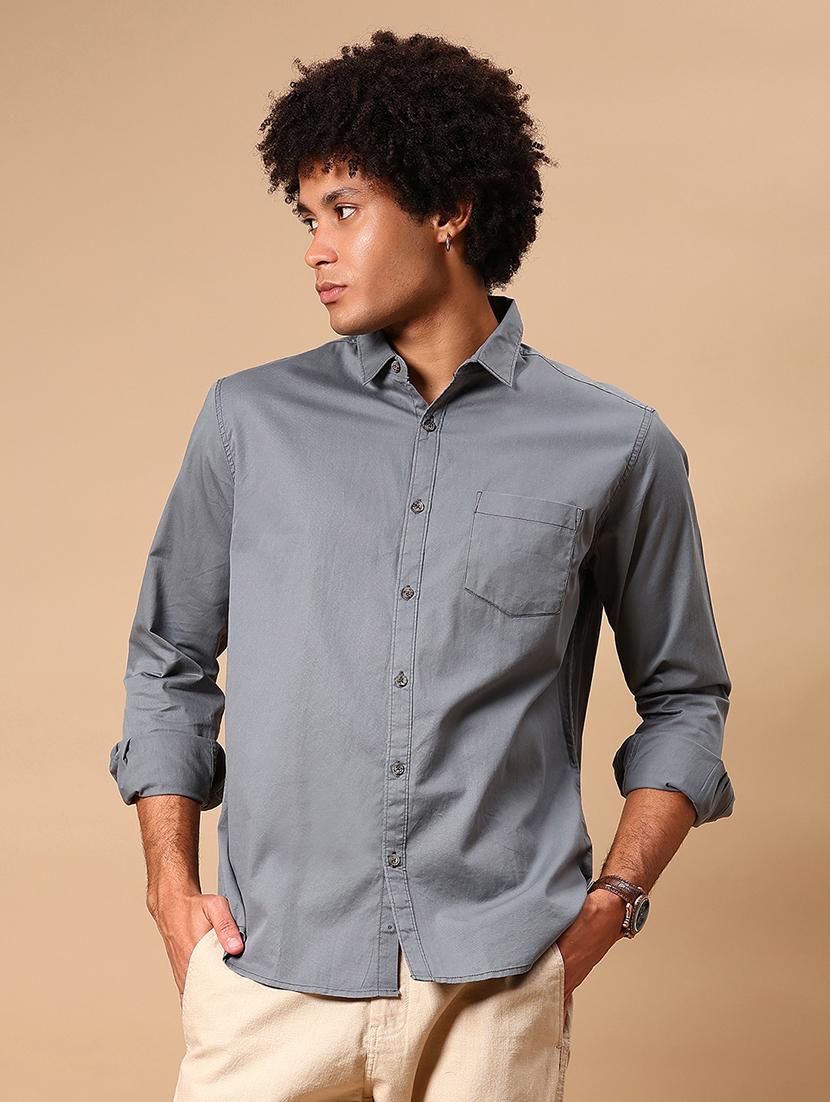 men solid collared long sleeve loose fit shirt - 21906808 - Standard Image - 1