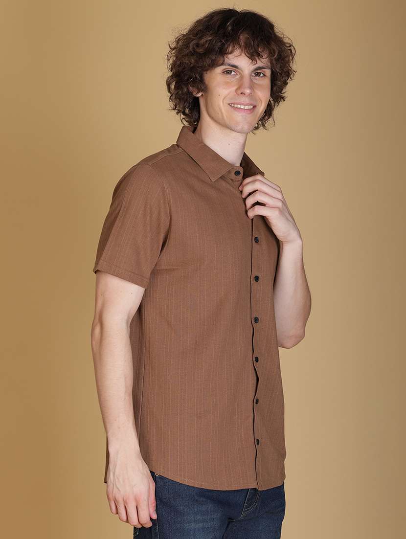 brown textured short sleeves collared casual shirt - 21906860 -  Standard Image - 1