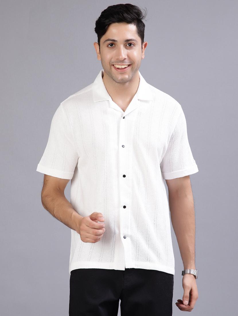 white textured fabric cuban collar shirt - 21906863 - Standard Image - 1
