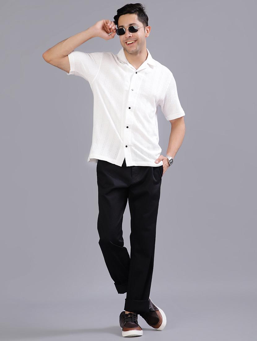white textured fabric cuban collar shirt - 21906863 - Standard Image - 4