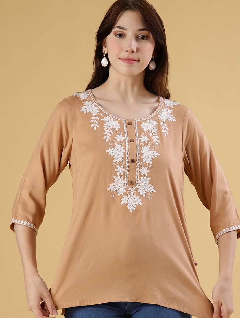 women embroidered three quarter sleeve kurti