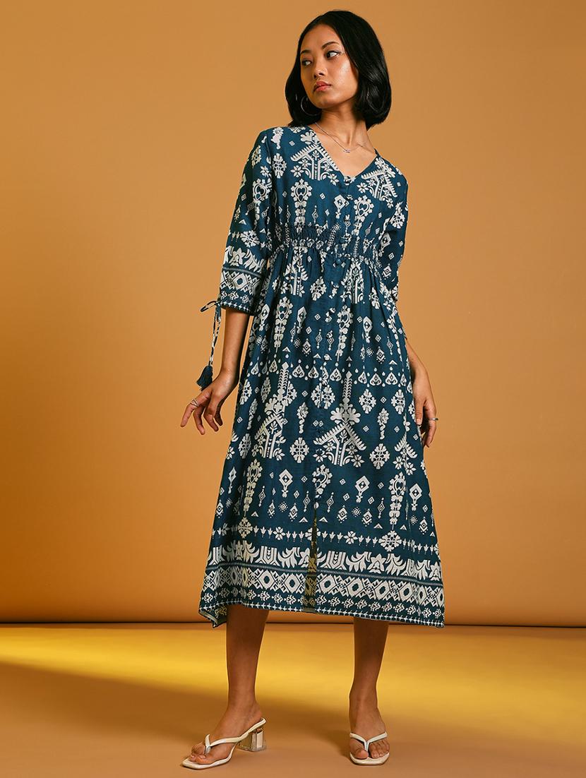 women printed three quarter sleeve a-line dress - 21907512 - Standard Image - 1