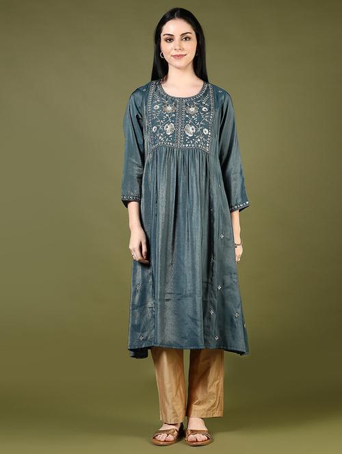 women embroidered round neck flared kurta - 21907583 - Standard Image - 0