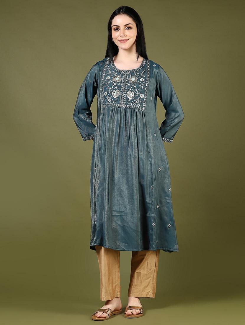 women embroidered round neck flared kurta - 21907583 - Standard Image - 1