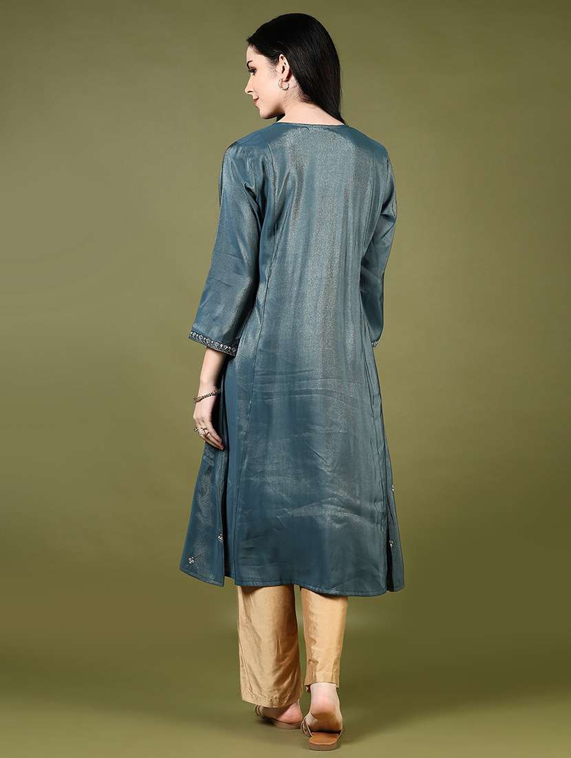 Women Embroidered Round Neck Flared Kurta
