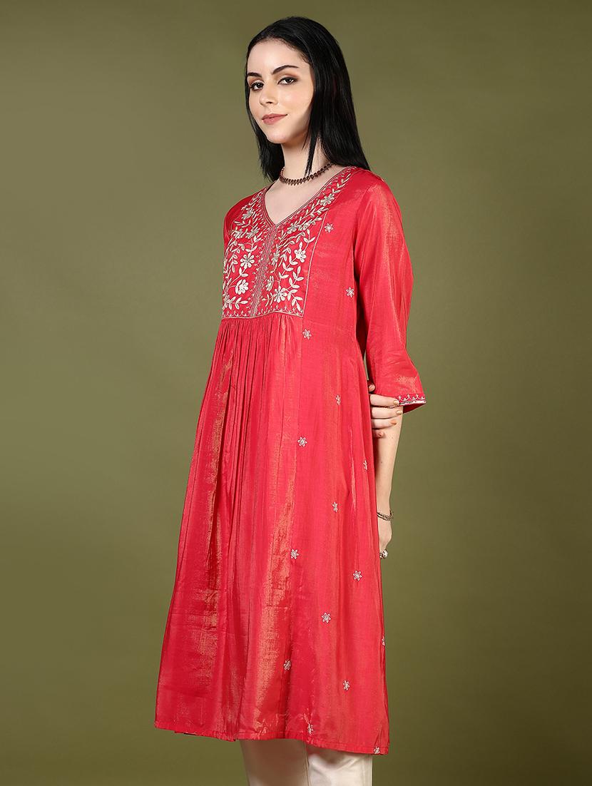 women embroidered v neck flared kurta - 21907584 - Standard Image - 1