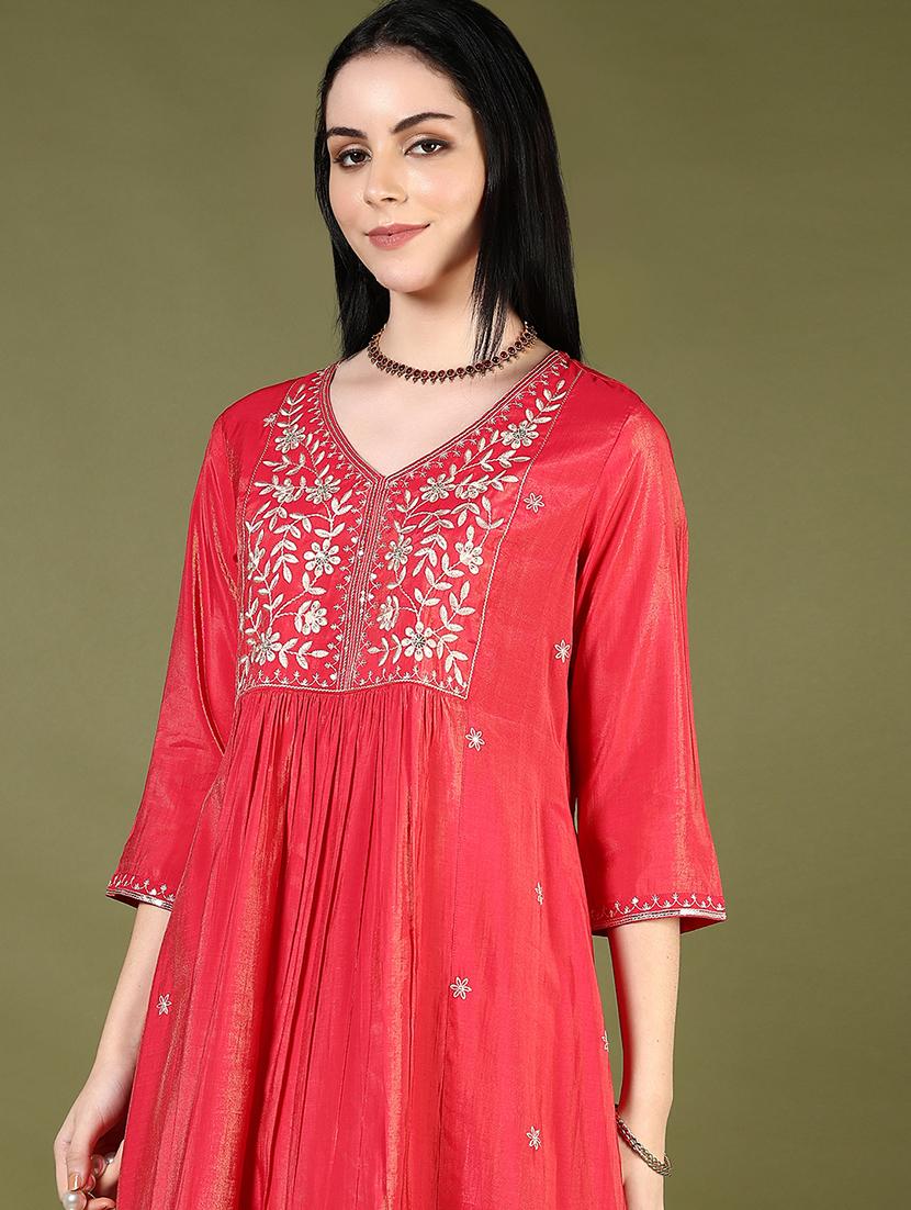 women embroidered v neck flared kurta - 21907584 - Standard Image - 4