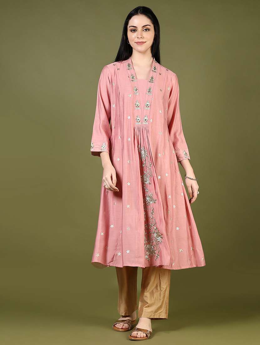 women pink three quarter sleeve a-line kurta
