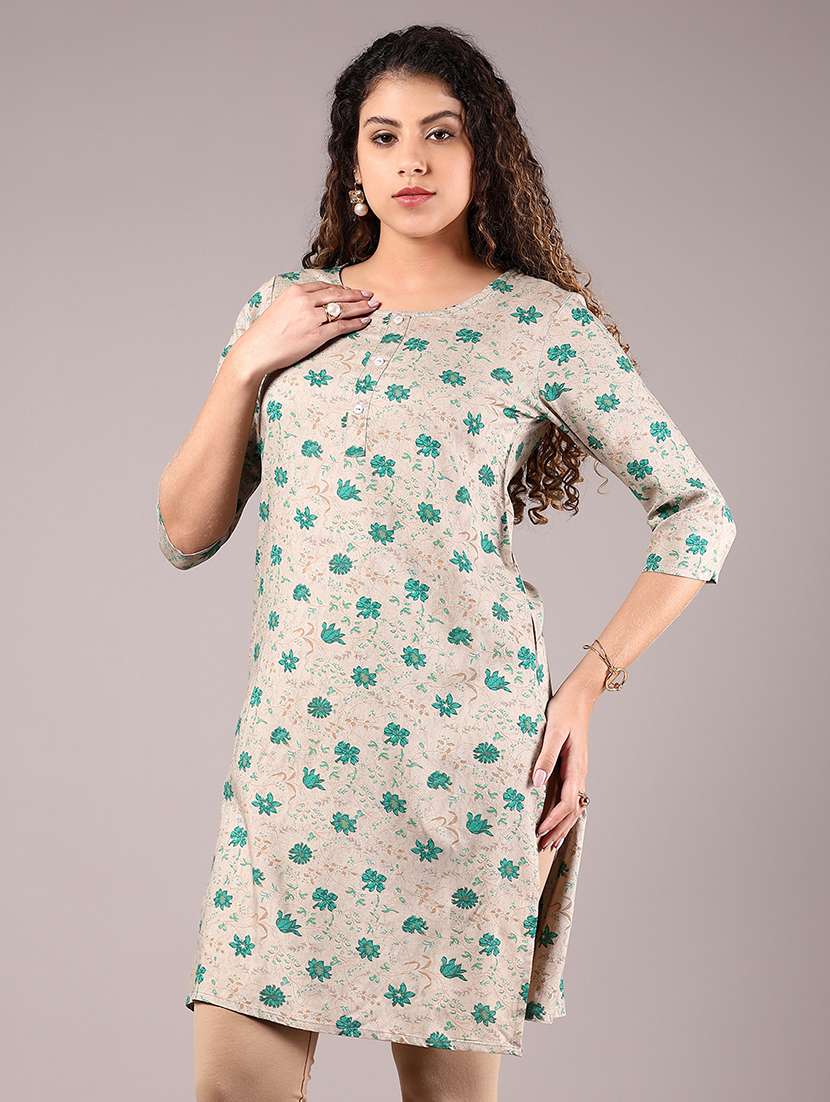 women floral printed three quarter sleeve straight kurta - 21907621 -  Standard Image - 1