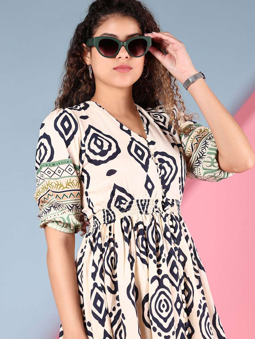 women printed puff sleeve fit & flare dress - 21907682 -  Standard Image - 4