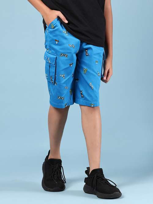 Boys Blue Printed Mid Rise Cargo Three Fourth