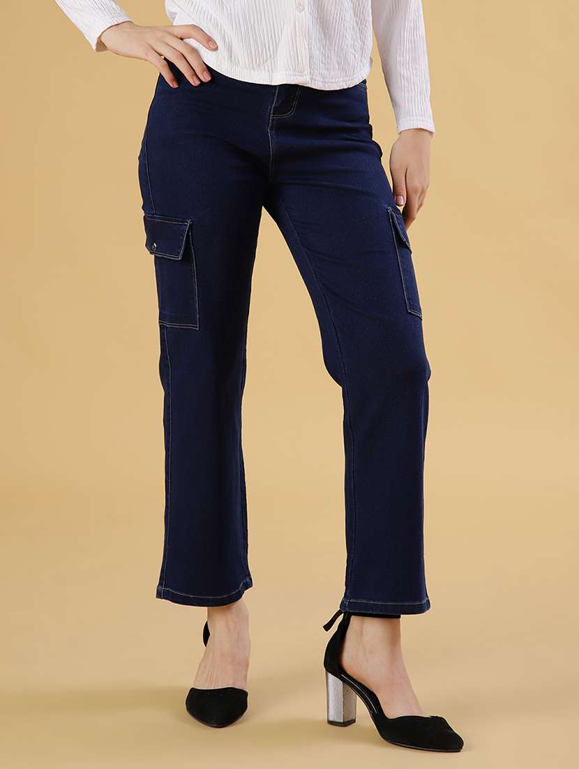 women solid mid rise denim cargo
