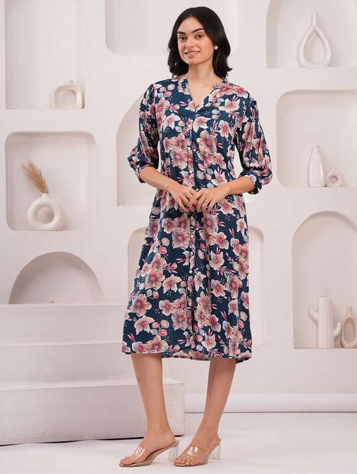 women floral three quarter sleeve a-line dress