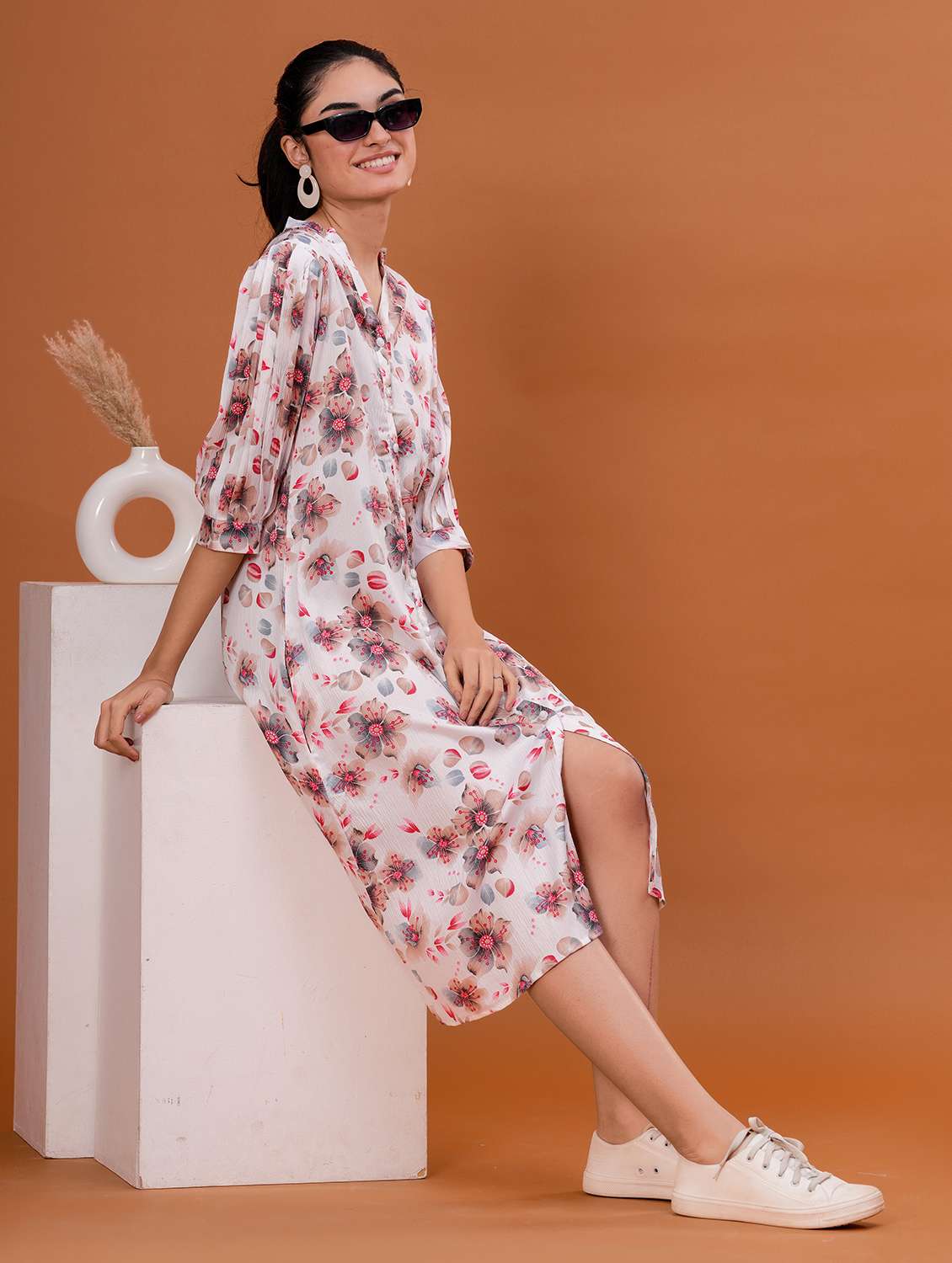 women floral three quarter sleeve a-line dress