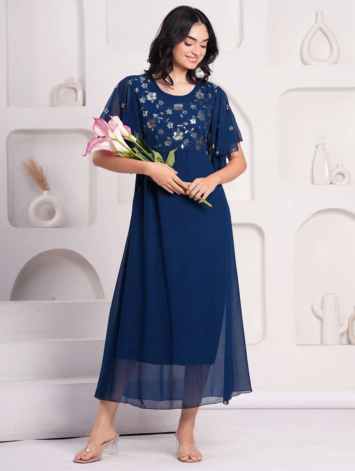 women flared sleeve embellished a-line ethnic dress