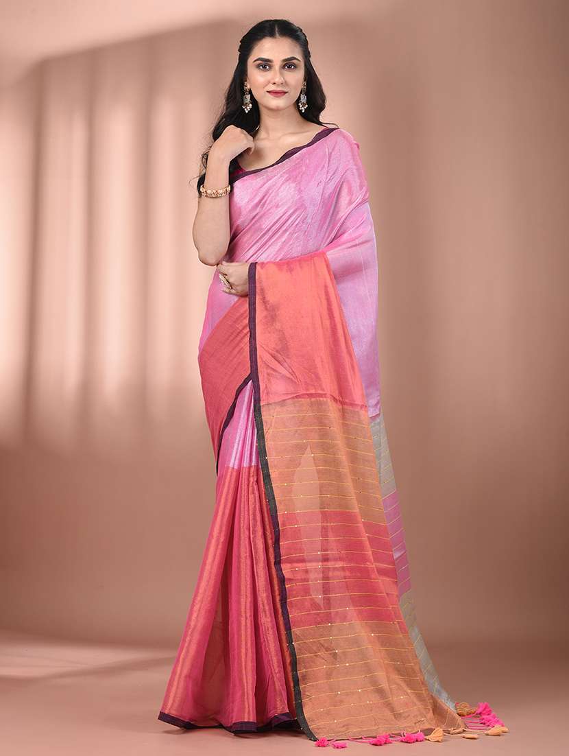 women pink handloom saree with blouse - 21908362 -  Zoom Image - 0