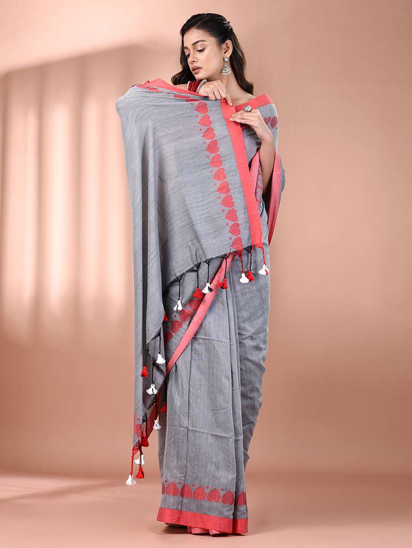 women grey handloom saree with blouse - 21908363 -  Standard Image - 1