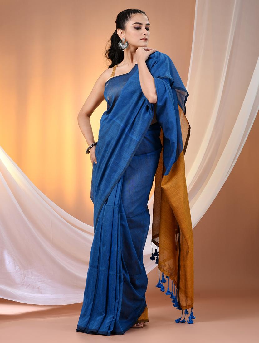 women solid handloom saree with blouse - 21908375 -  Standard Image - 1