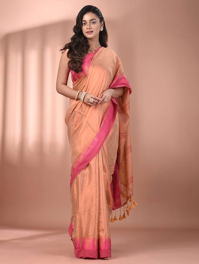 women solid with bordered handloom saree with blouse - 21908419 - Standard Image - 1