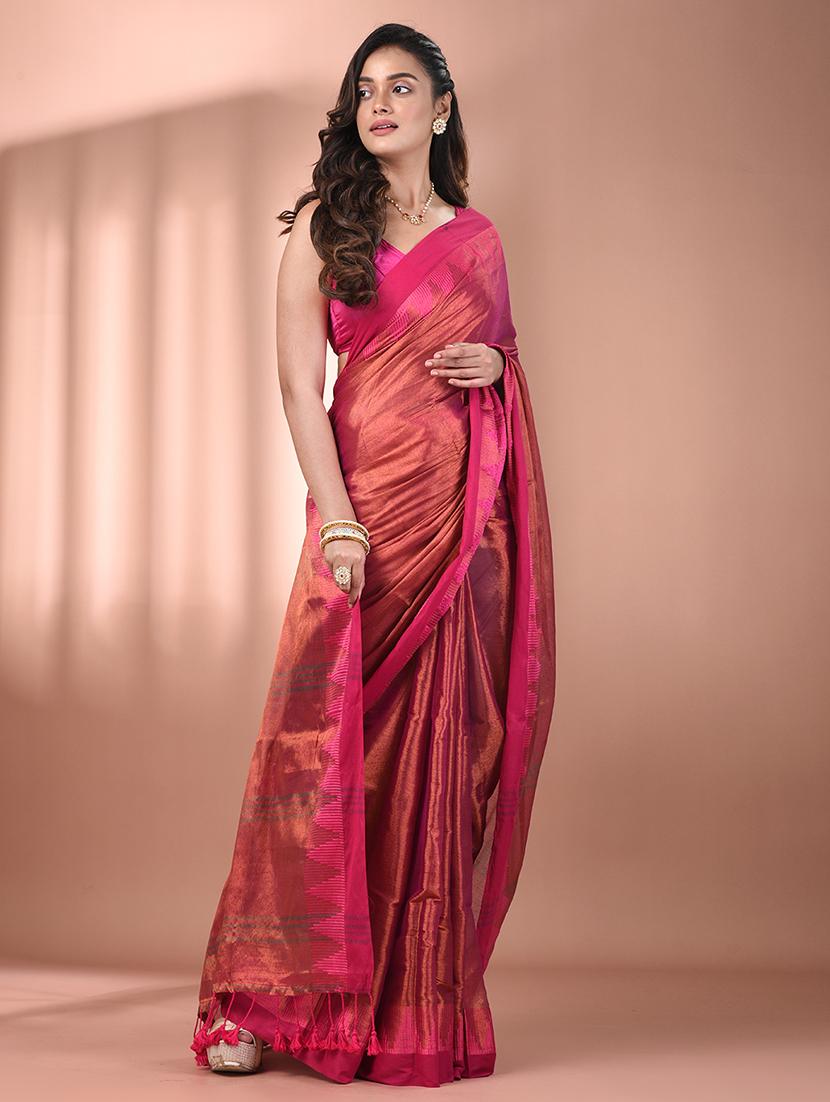 women solid with bordered handloom saree with blouse - 21908425 -  Standard Image - 1