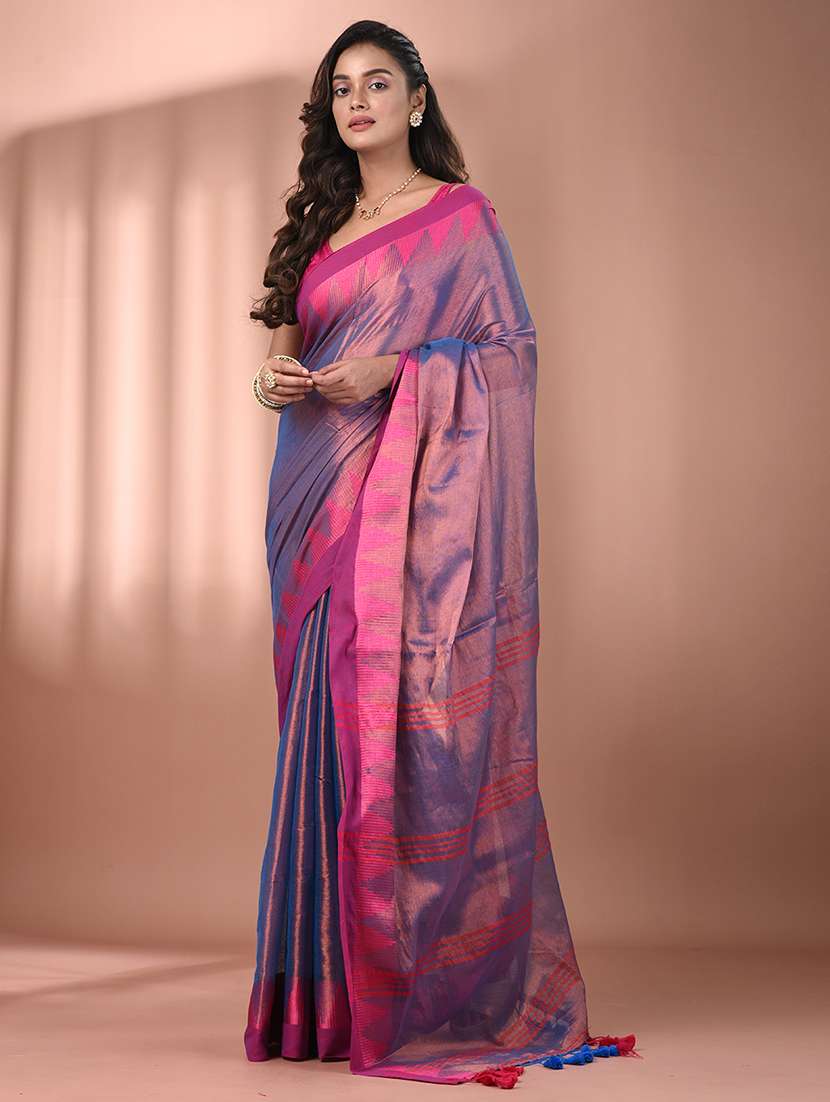 women solid with bordered handloom saree with blouse