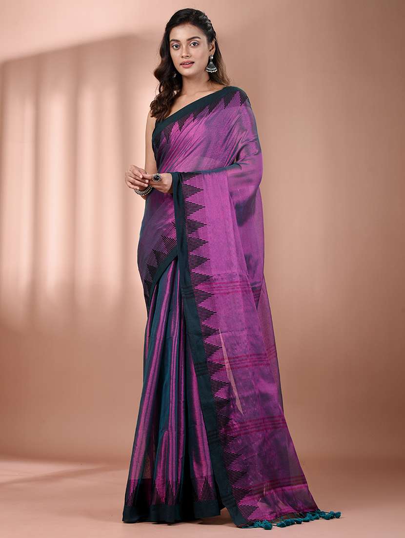 women solid with bordered handloom saree with blouse
