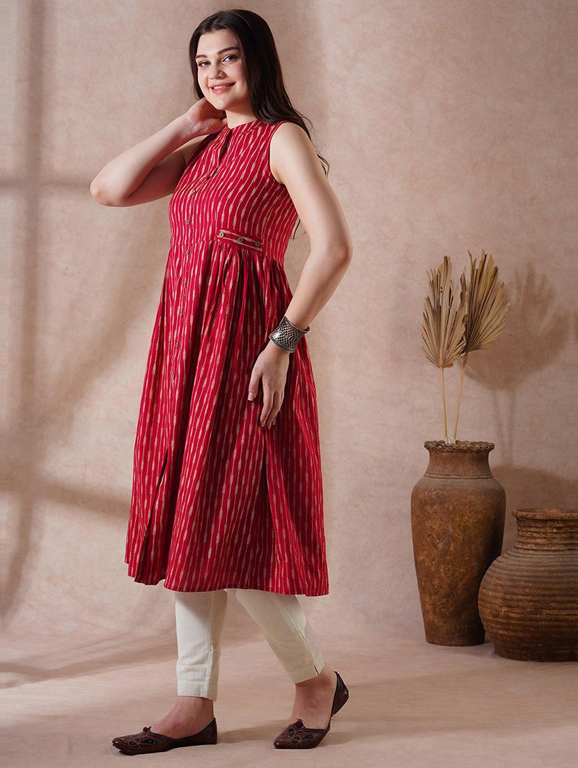 globus women maroon striped mandarin collar pleated button-down front slit workwear kurta - 21908434 -  Standard Image - 1