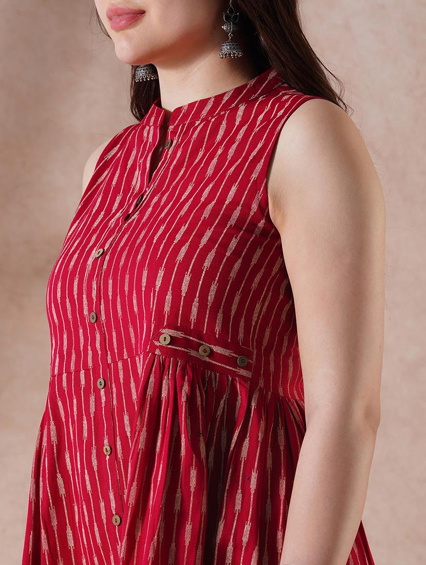 globus women maroon striped mandarin collar pleated button-down front slit workwear kurta - 21908434 - Standard Image - 4