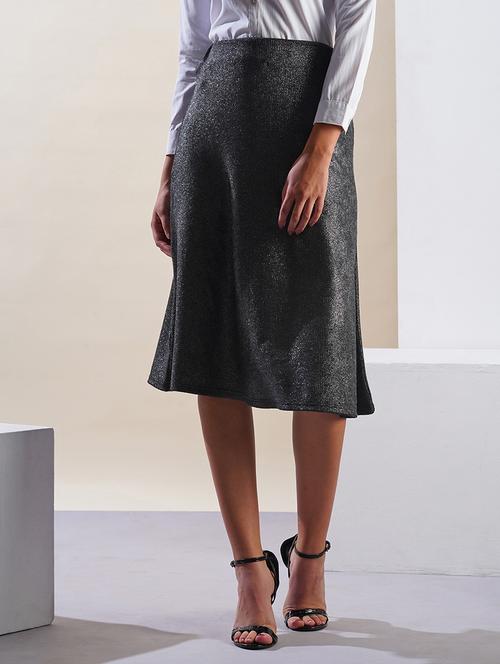 globus women gunmetal shimmer ribbed mid-rise flared midi party skirt - 21908450 - Standard Image - 0