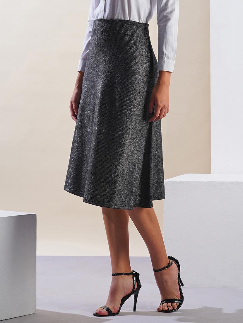 globus women gunmetal shimmer ribbed mid-rise flared midi party skirt - 21908450 - Standard Image - 1