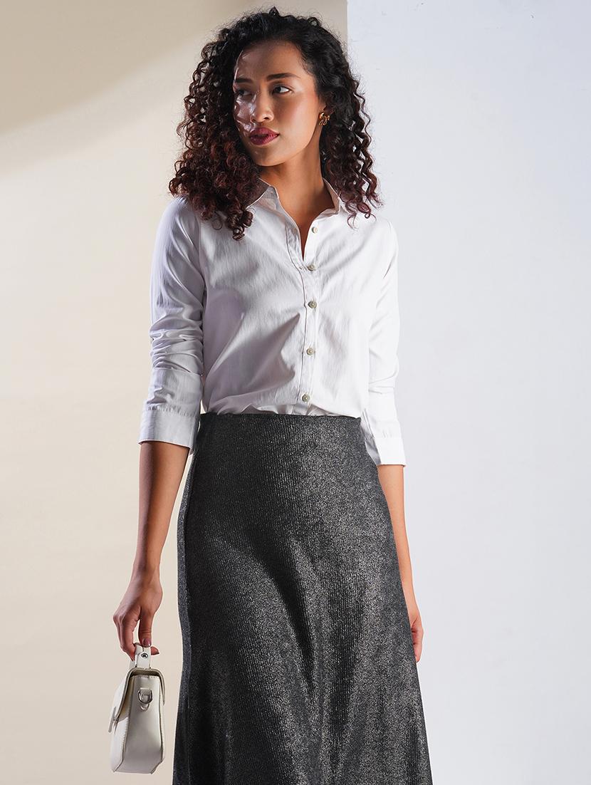 globus women gunmetal shimmer ribbed mid-rise flared midi party skirt - 21908450 - Standard Image - 4