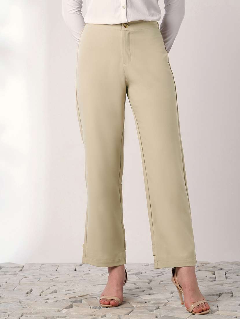 globus women light beige mid rise straight fit adjustable button hem korean pants