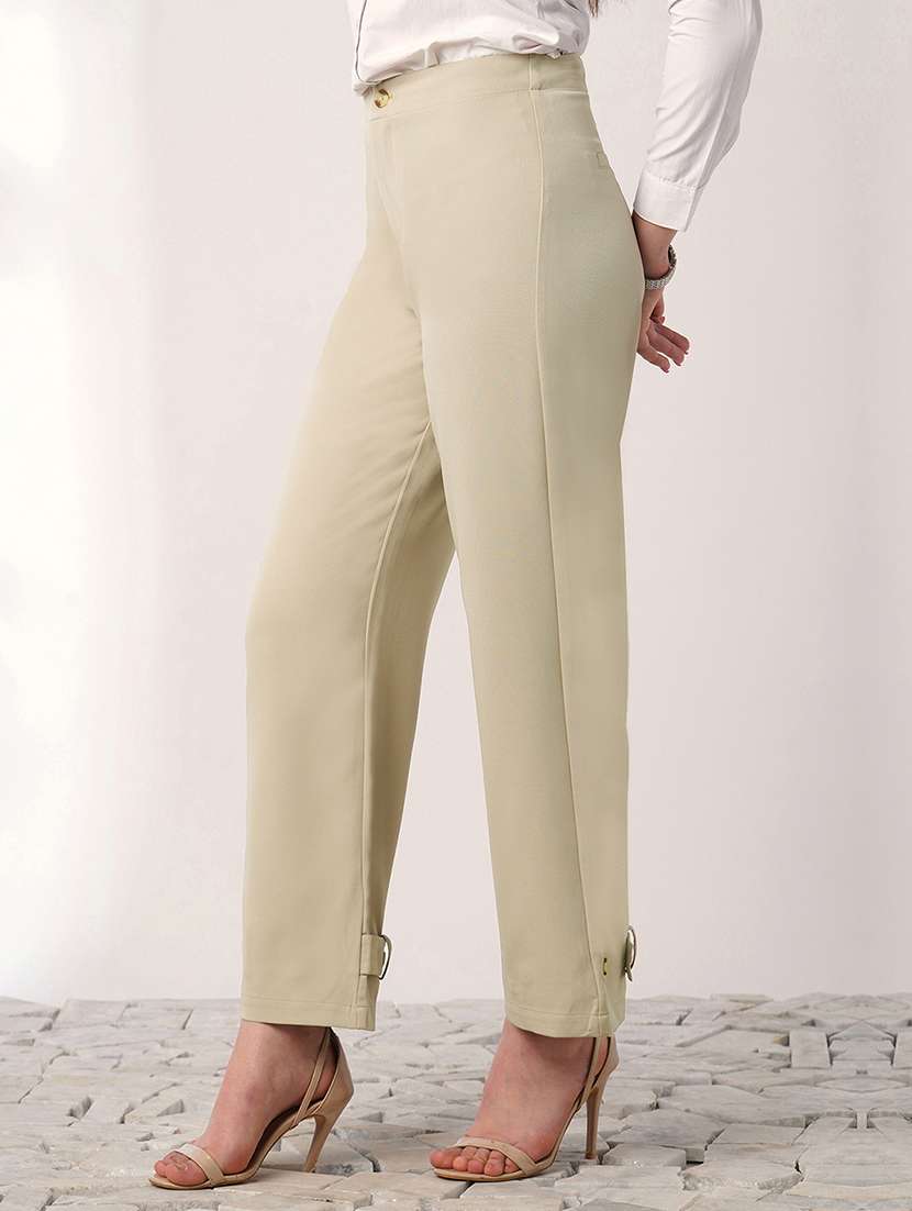globus women light beige mid rise straight fit adjustable button hem korean pants - 21908451 -  Standard Image - 1