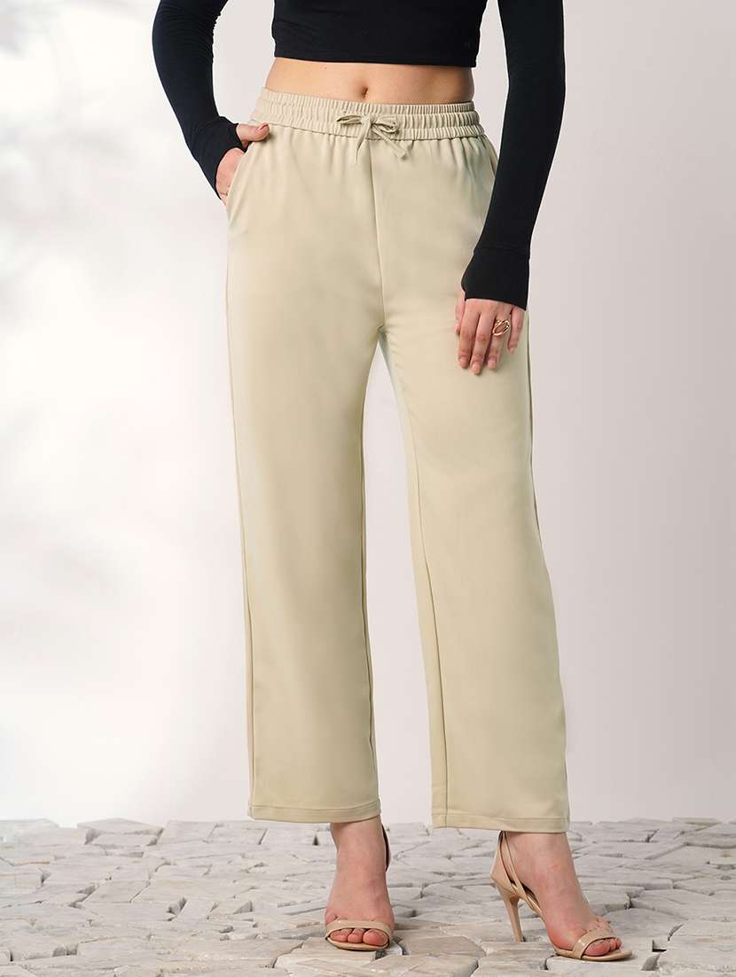 globus women beige mid rise elasticated waist relaxed fit trousers