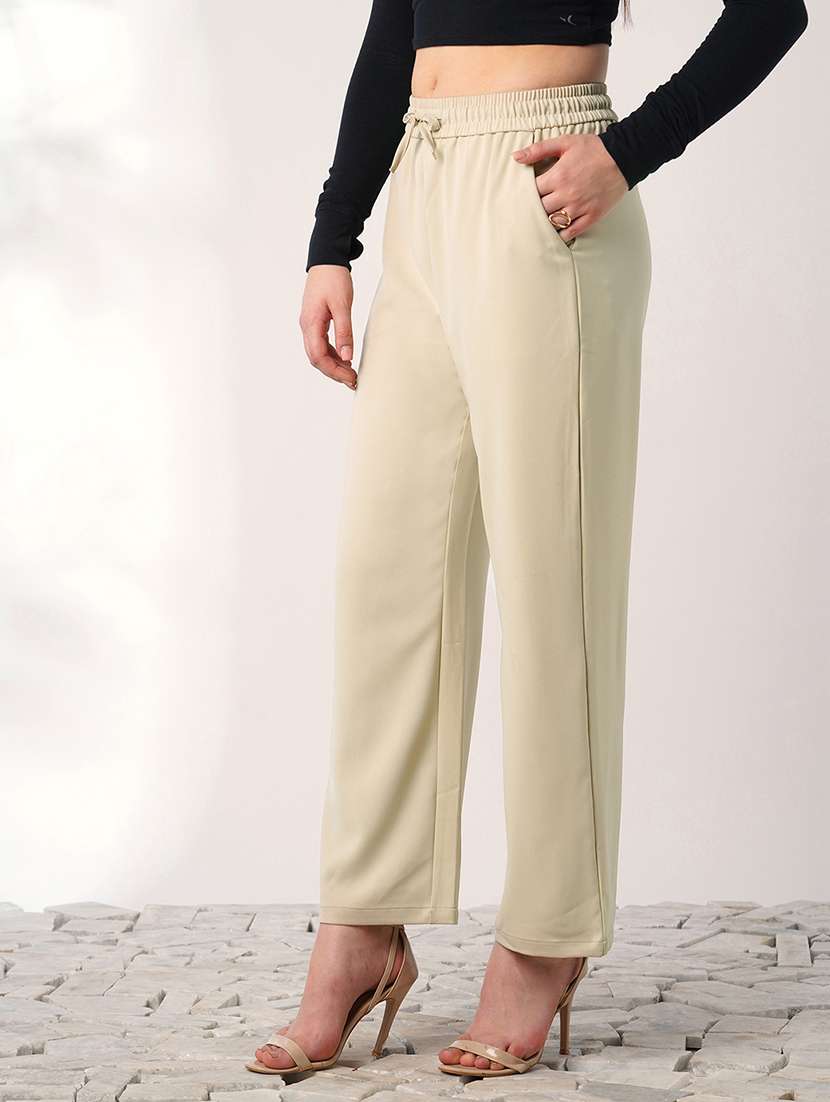 globus women beige mid rise elasticated waist relaxed fit trousers - 21908452 - Standard Image - 1