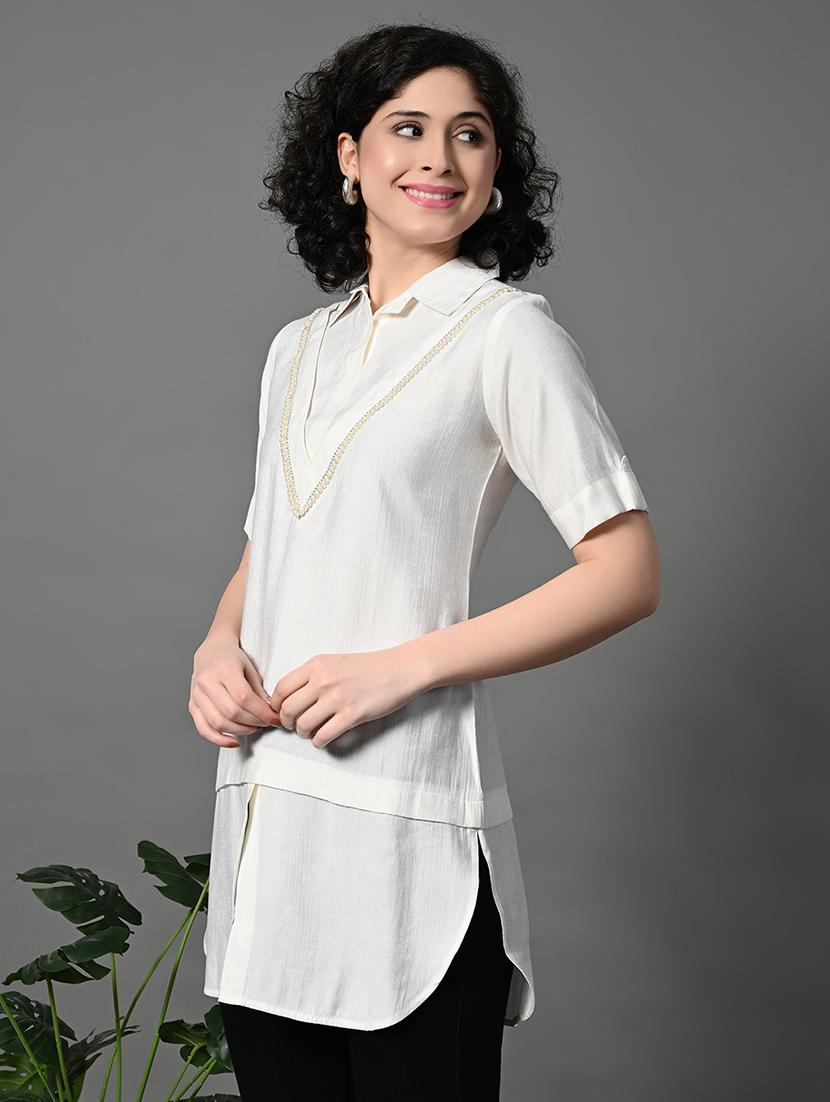 women solid collared longline regular top - 21908455 -  Standard Image - 1