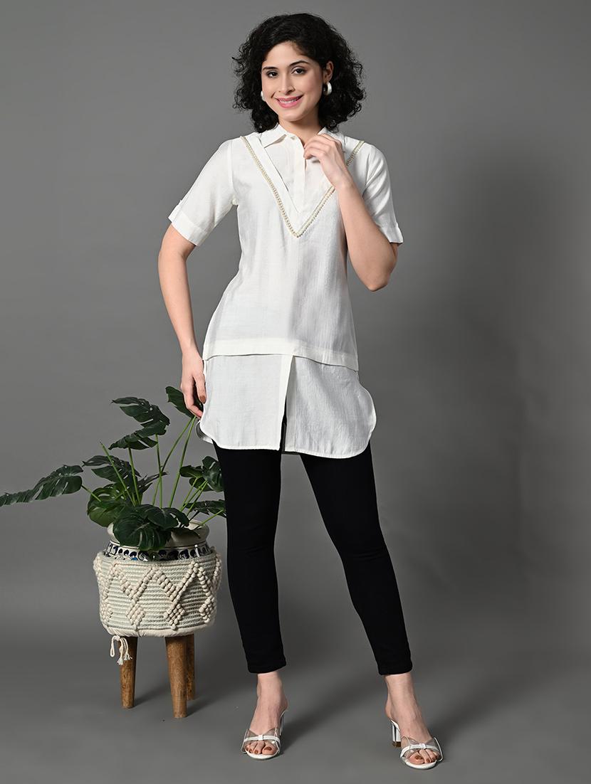 women solid collared longline regular top - 21908455 - Standard Image - 4