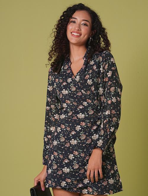 globus women navy blue collared v-neck cuffed sleeves allover floral print mini tie-up wrap dress - 21908466 - Standard Image - 0