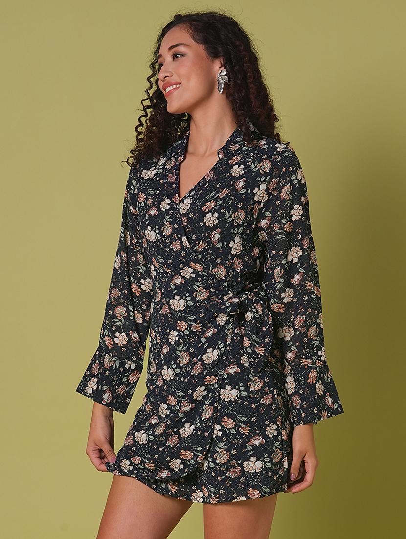 globus women navy blue collared v-neck cuffed sleeves allover floral print mini tie-up wrap dress - 21908466 -  Standard Image - 1