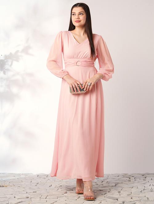 globus women pink v-neck bishop sleeves smocked fit & flare maxi party dress - 21908473 -  Standard Image - 0