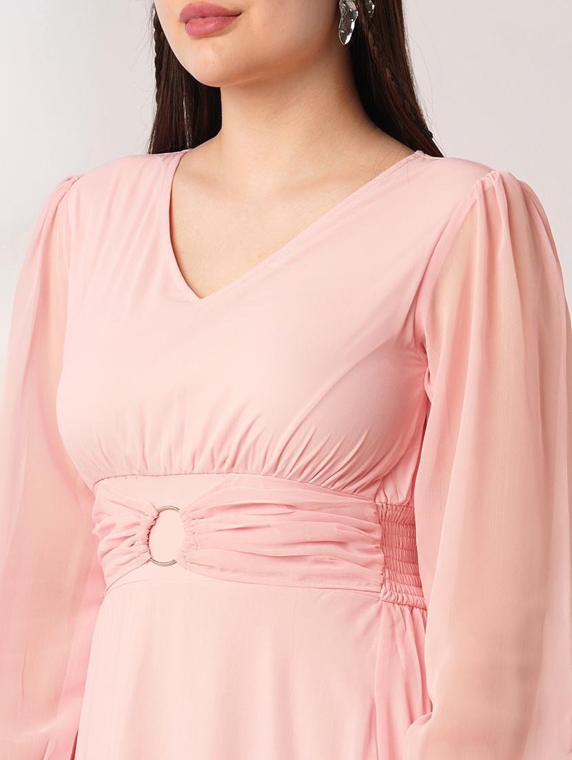 globus women pink v-neck bishop sleeves smocked fit & flare maxi party dress - 21908473 - Standard Image - 4